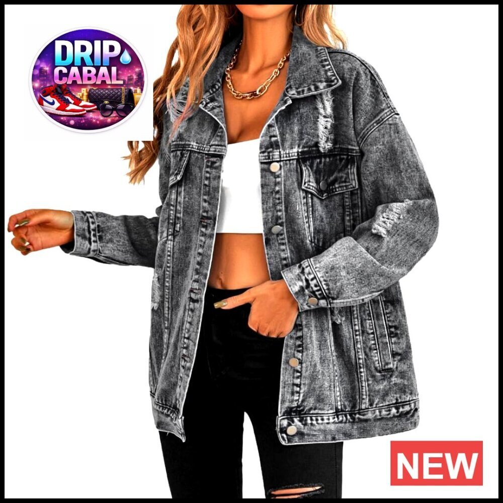 Oversized Ripped Denim Jacket Boyfriend Fit Long Sleeve Trucker Coat